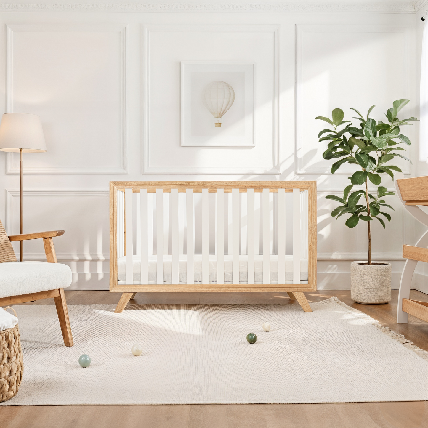 Baby Crib for 0 to 3 Years - White Bars and Natural Wood Frame and Legs
