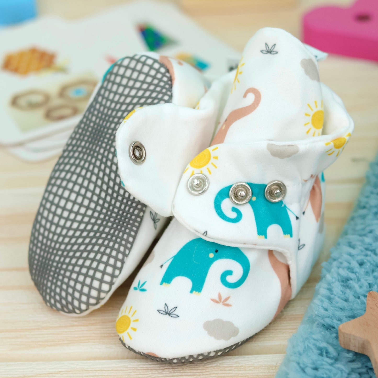 Organic Cotton Baby Booties, Non-Slip Sole, Cotton Newborn Booties Home Nursery Shoes, Elephant