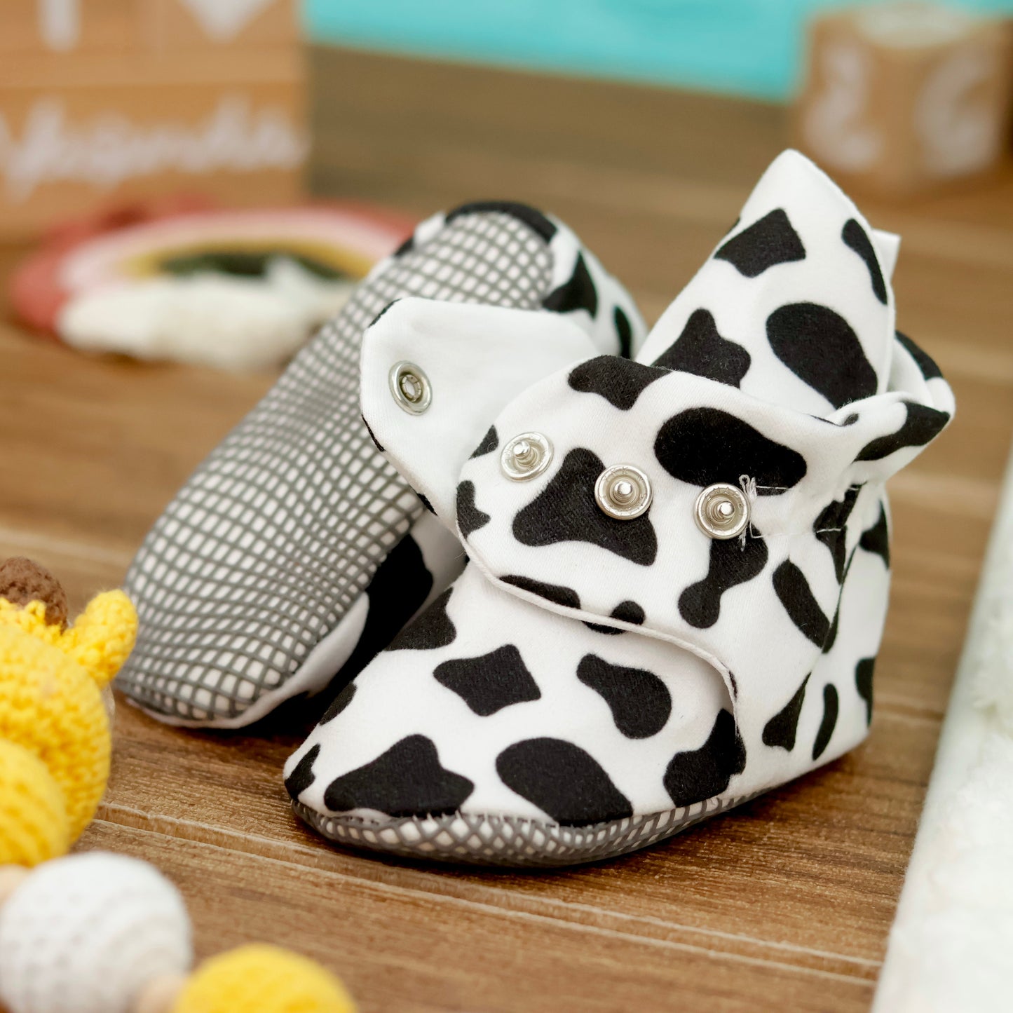 Organic Cotton Baby Booties, Non-Slip Sole, Cotton Newborn Booties Home Nursery Shoes, Cow Pattern