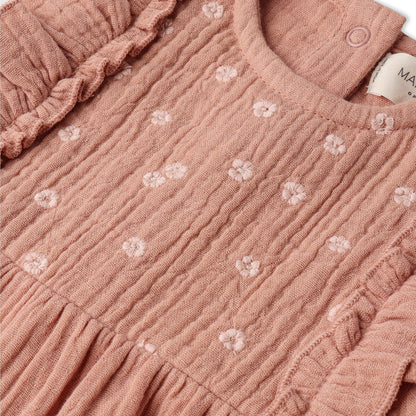 Organic Embroidered Ruffle Romper - Clay