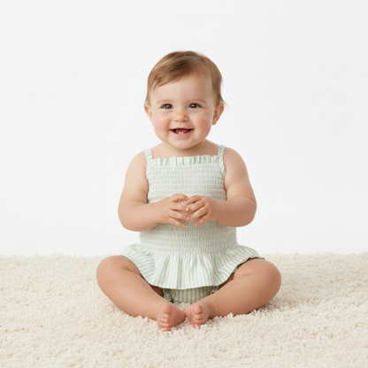 Organic Smocked Top And Bloomer Set - Basil Stripes