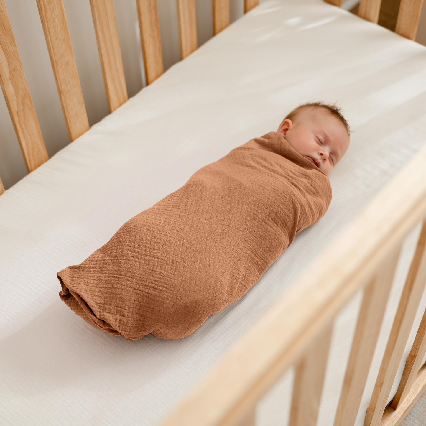 Muslin Swaddle Blankets Pack of 3, 42” x 42” in Sand, Cedar, Caramel