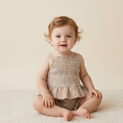 Organic Smocked Top And Bloomer Set - Caramel Check