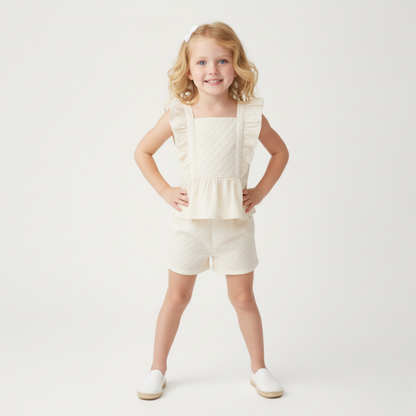 Organic Eyelet Flutter Top And Shorts Set - Ivory Eyelet