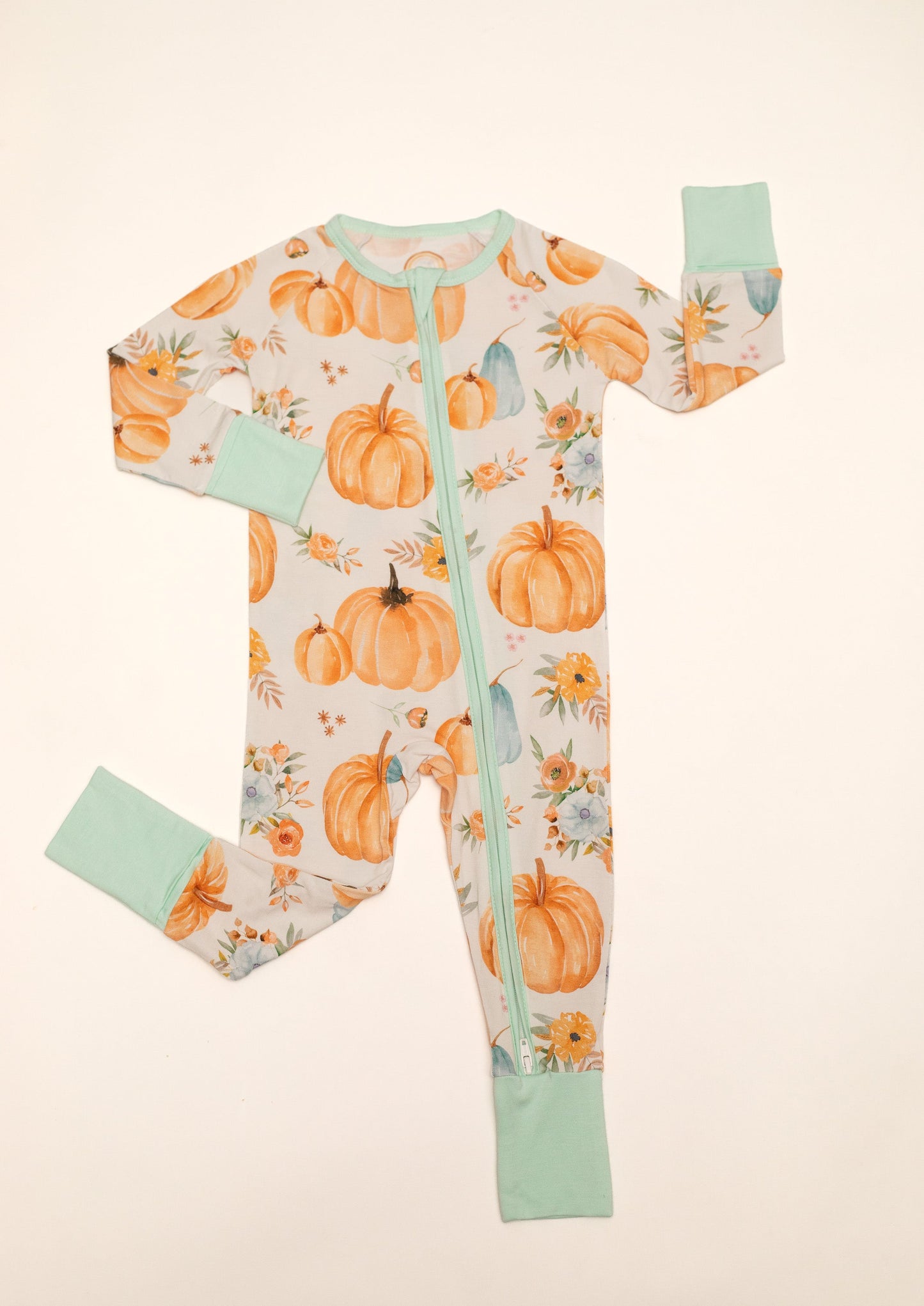 Pumpkin Floral Baby Bamboo Zipper Romper