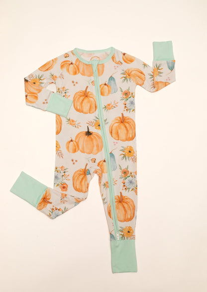 Pumpkin Floral Baby Bamboo Zipper Romper