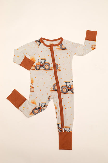 Fall Pumpkin Tractors Baby Bamboo Zipper Romper