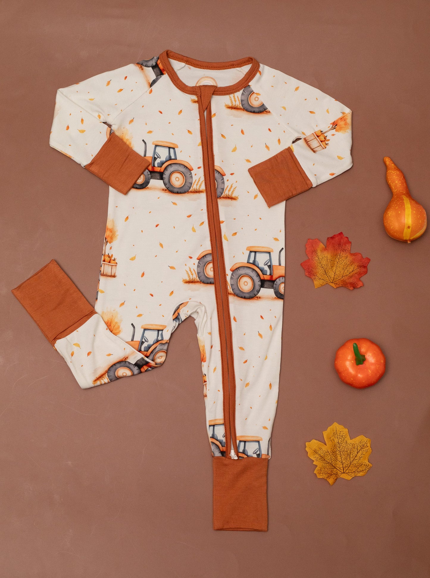 Fall Pumpkin Tractors Baby Bamboo Zipper Romper