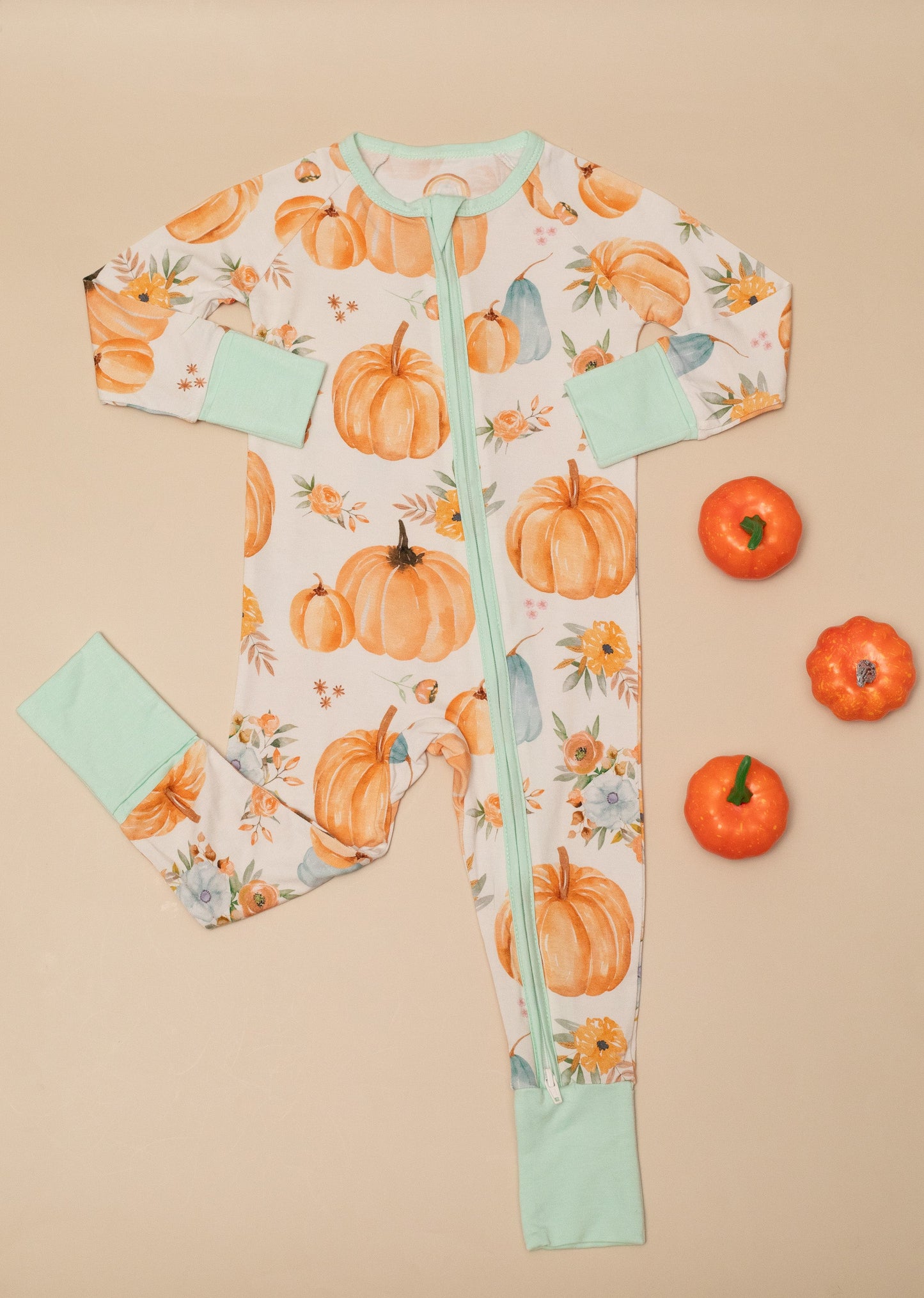 Pumpkin Floral Baby Bamboo Zipper Romper