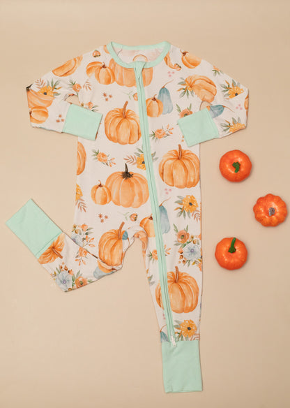 Pumpkin Floral Baby Bamboo Zipper Romper