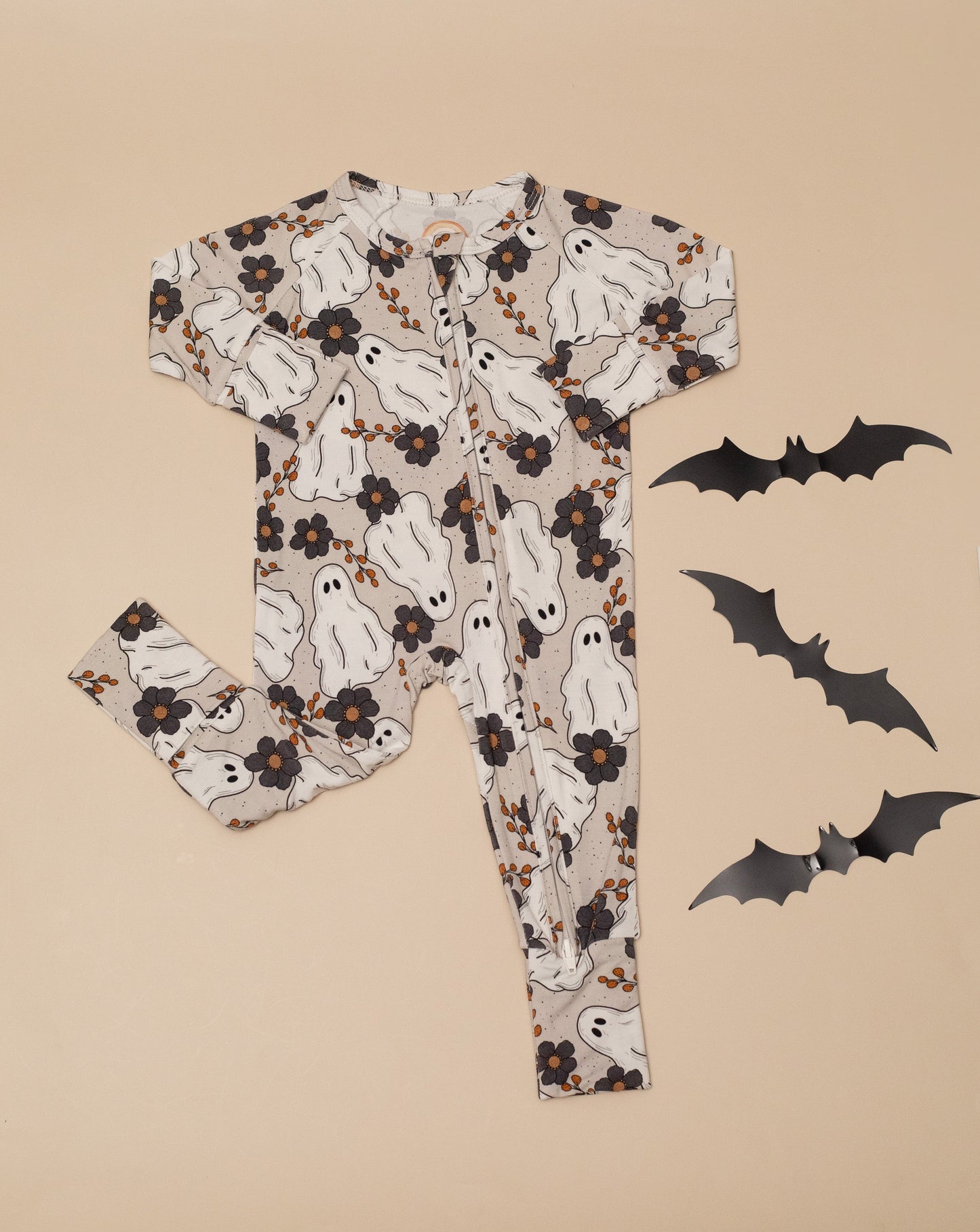 Floral Ghost Halloween Baby Bamboo Zipper Romper