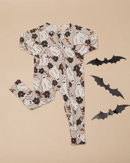 Floral Ghost Halloween Baby Bamboo Zipper Romper
