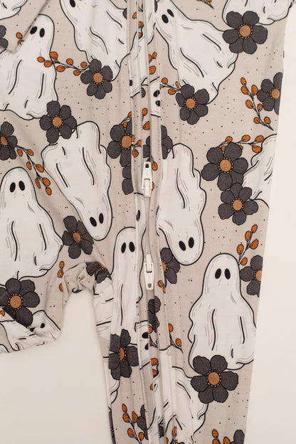Floral Ghost Halloween Baby Bamboo Zipper Romper