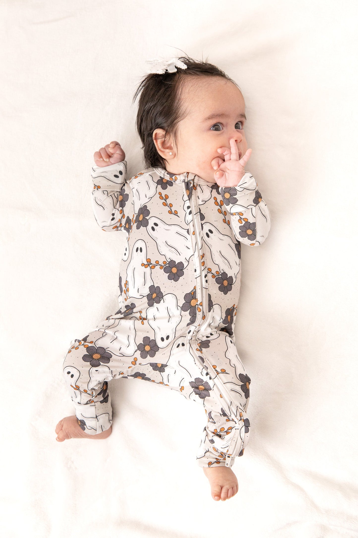 Floral Ghost Halloween Baby Bamboo Zipper Romper