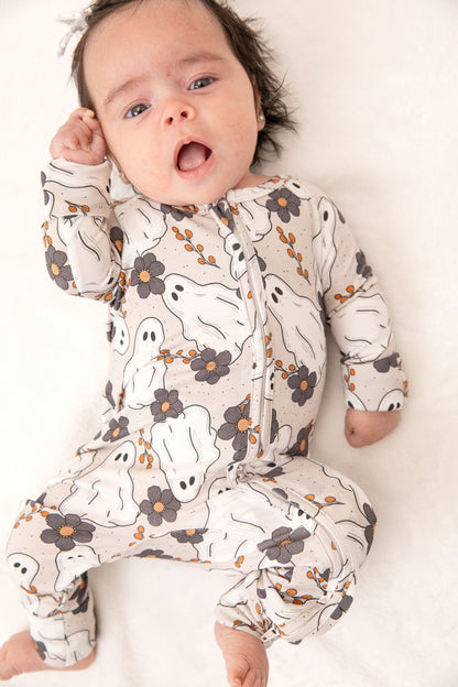 Floral Ghost Halloween Baby Bamboo Zipper Romper