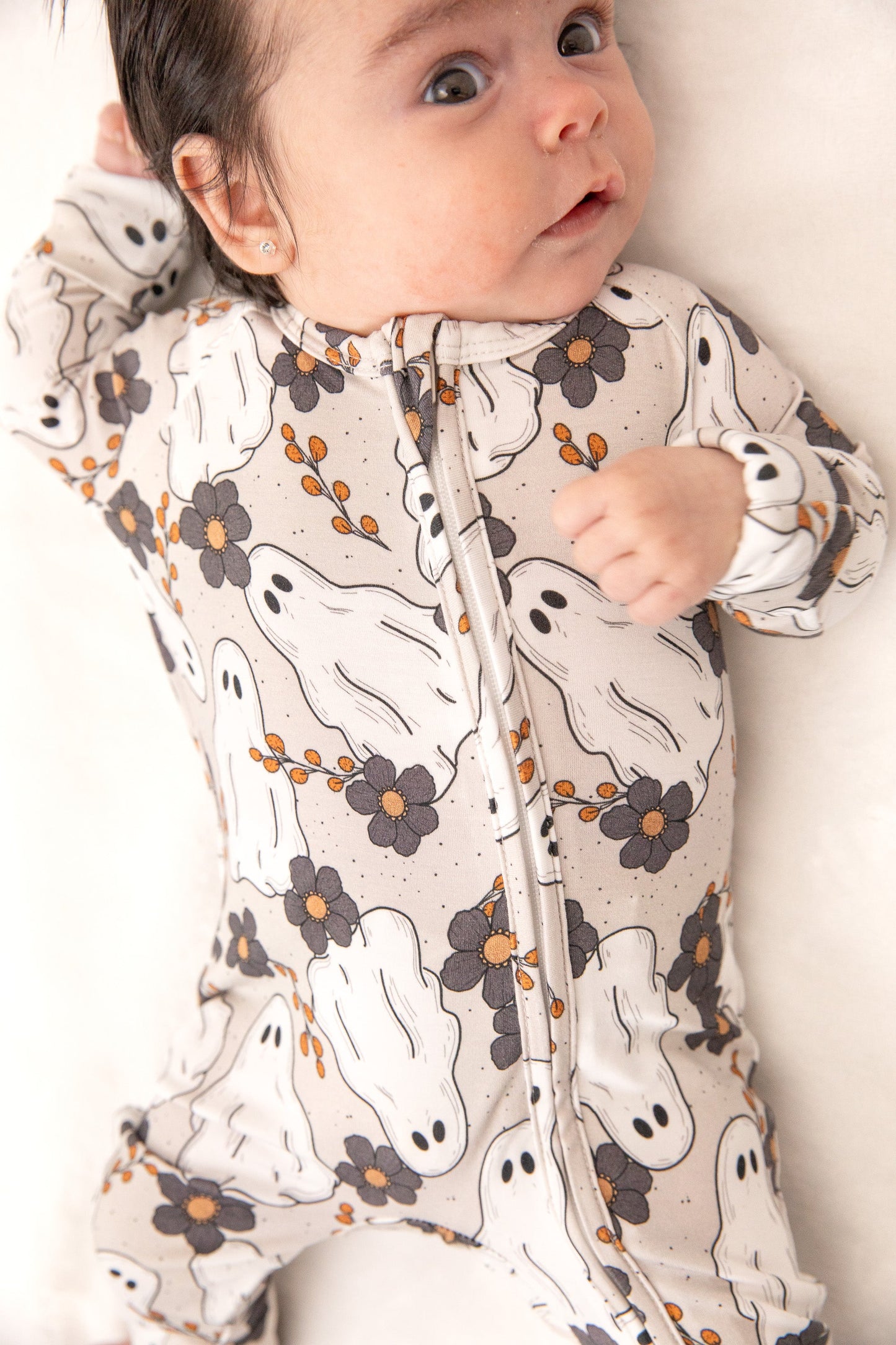 Floral Ghost Halloween Baby Bamboo Zipper Romper