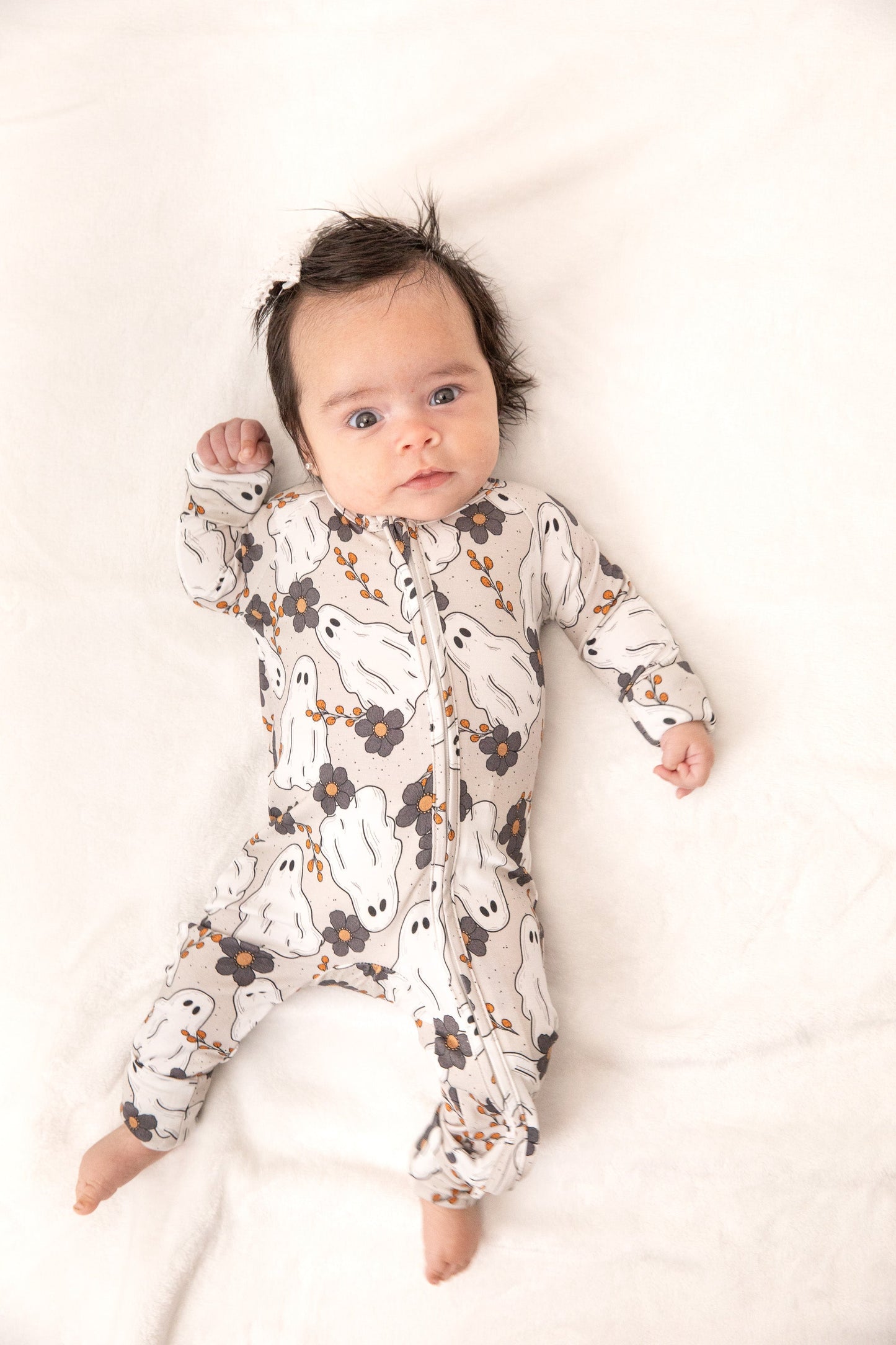 Floral Ghost Halloween Baby Bamboo Zipper Romper