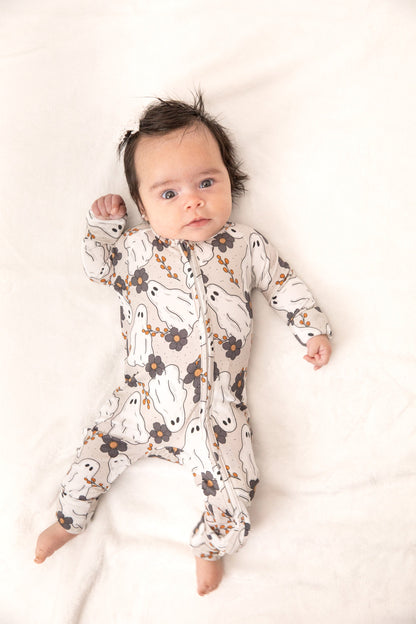 Floral Ghost Halloween Baby Bamboo Zipper Romper