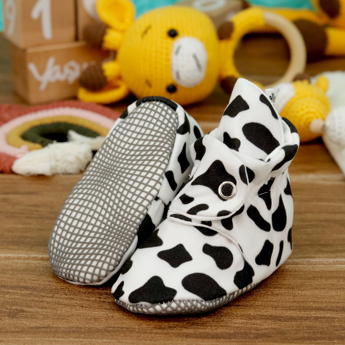 Organic Cotton Baby Booties, Non-Slip Sole, Cotton Newborn Booties Home Nursery Shoes, Cow Pattern