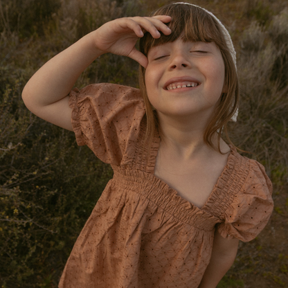 Organic Eyelet Bubble Sleeve Dress - Clay Eyelet