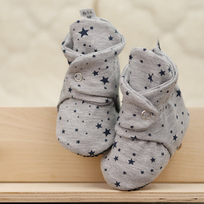 Organic Cotton Baby Booties, Non-Slip Sole, Cotton Newborn Booties Home Nursery Shoes, Star Gray