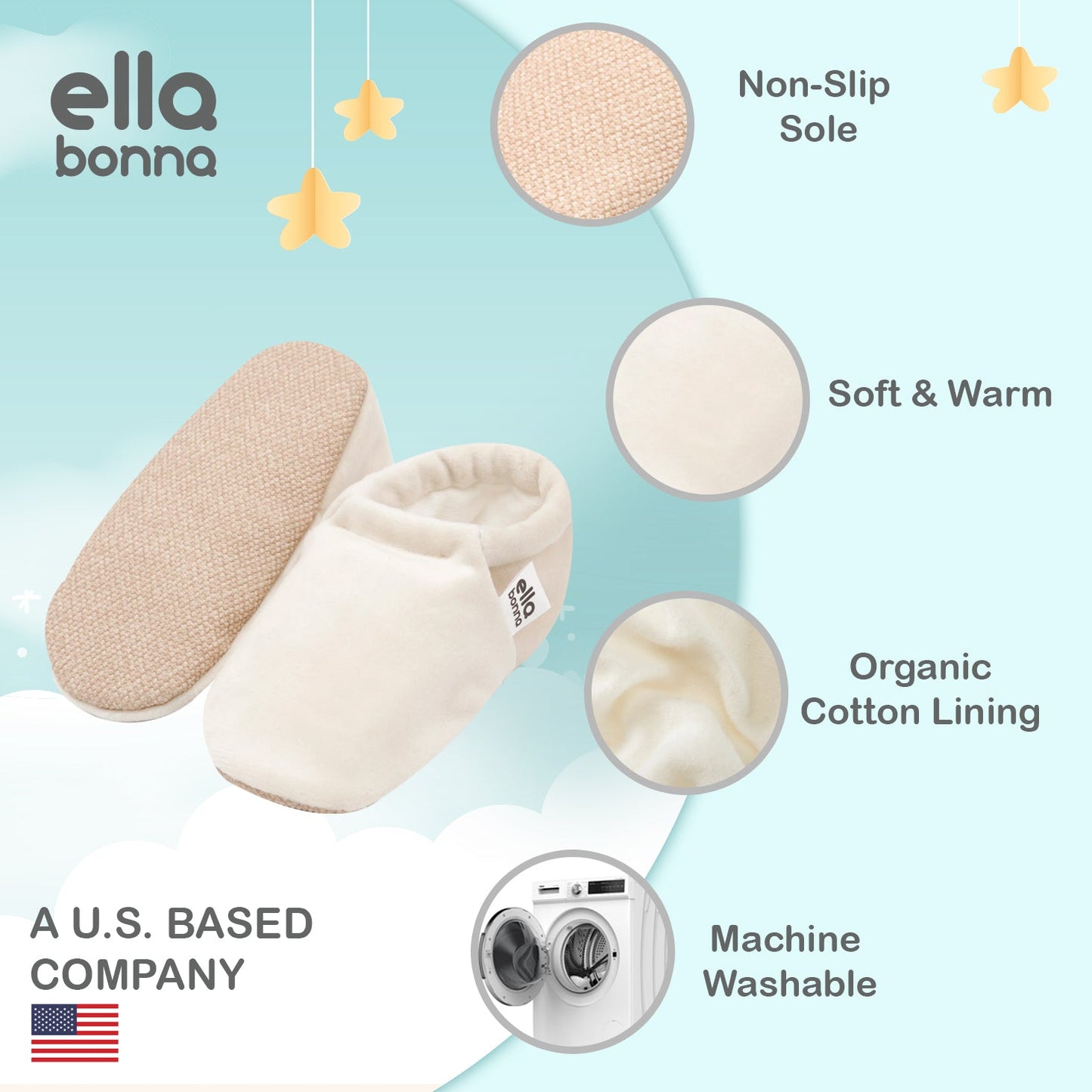 Fleece Baby House Booties, Non-Slip Sole, Organic Cotton Lining, Taba