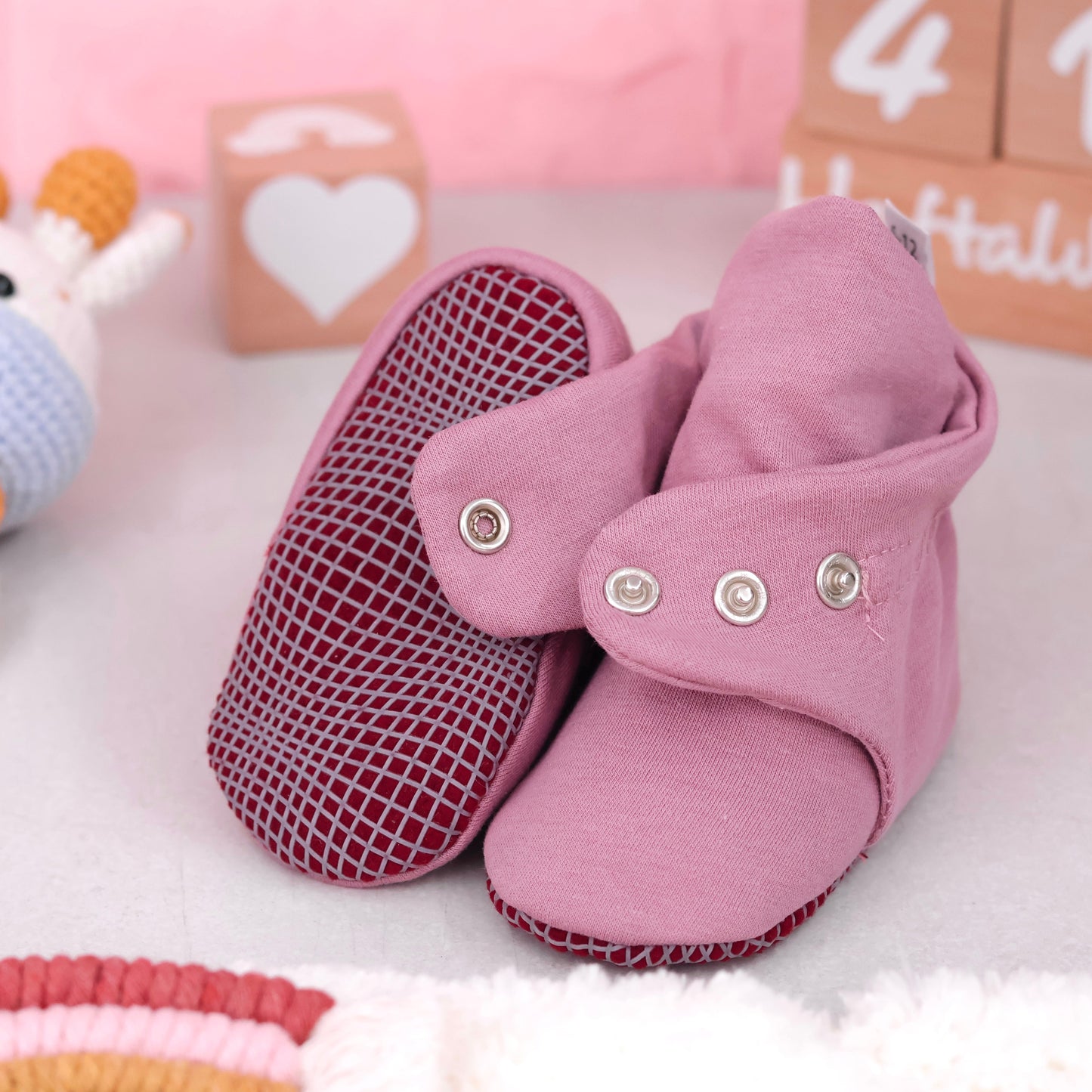 Organic Cotton Baby Booties, Non-Slip Sole, Cotton Newborn Booties Home Nursery Shoes, Rose