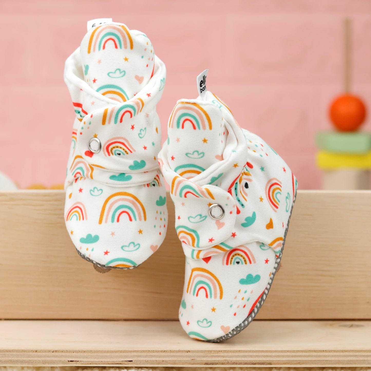 Organic Cotton Baby Booties, Non-Slip Sole, Cotton Newborn Booties Home Nursery Shoes, Rainbow