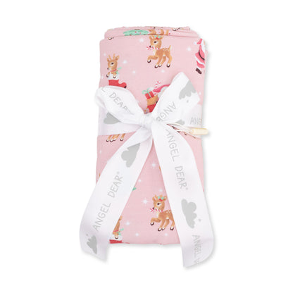 Vintage Reindeer & Santa Pink - Bamboo - Swaddle Blanket