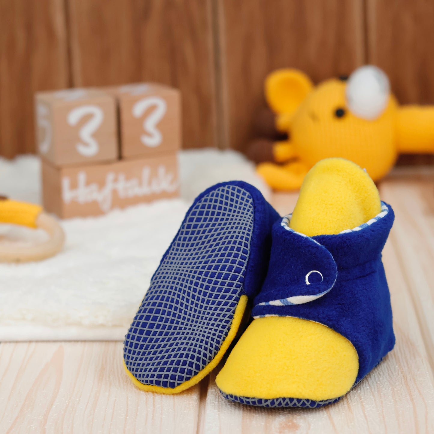 Anti-Slip Sole, Fleece Baby Booties, Newborn Home Booties, Sweat Proof Organic Cotton Lining, Yellow Blue