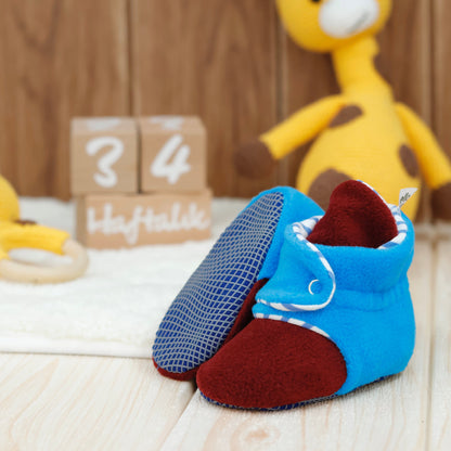 Anti-Slip Sole, Fleece Baby Booties, Newborn Home Booties, Sweat Proof Organic Cotton Lining, Burgundy Blue