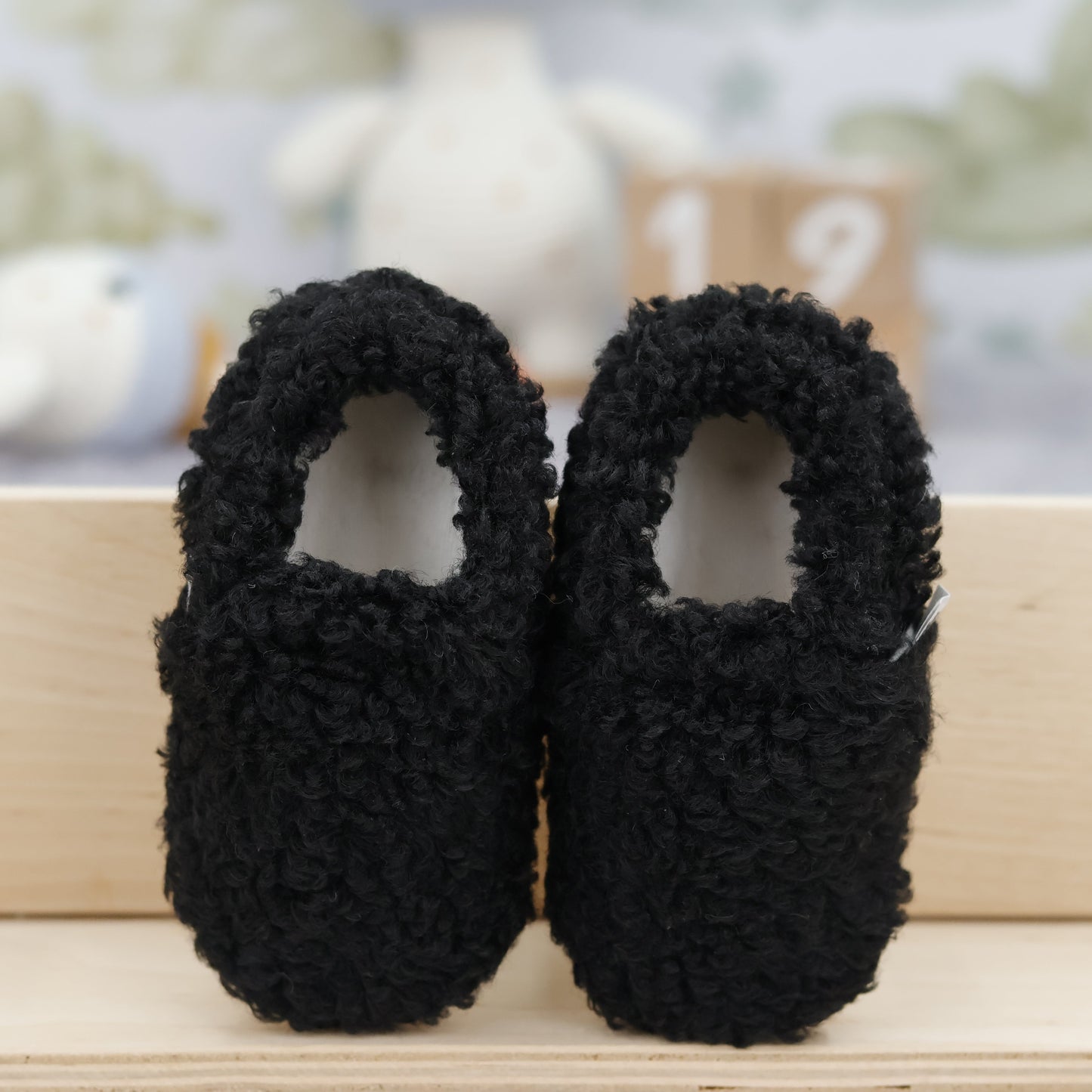 Teddy Baby Booties House Slippers, Non-Slip Sole, Organic Cotton Lining, Home Nursery Shoes, Black