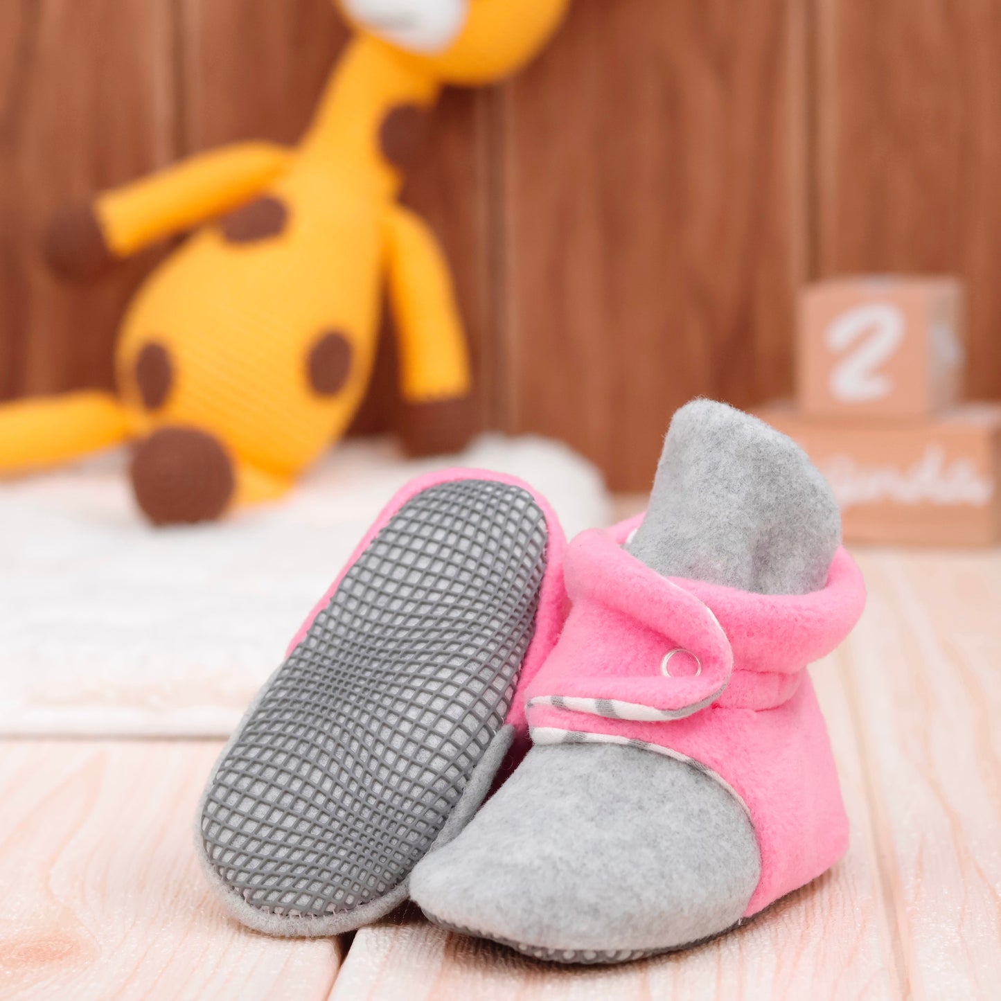 Anti-Slip Sole, Fleece Baby Booties, Newborn Home Booties, Sweat Proof Organic Cotton Lining, Gray Pink