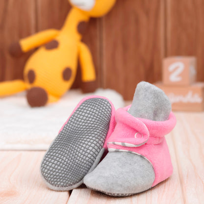 Anti-Slip Sole, Fleece Baby Booties, Newborn Home Booties, Sweat Proof Organic Cotton Lining, Gray Pink