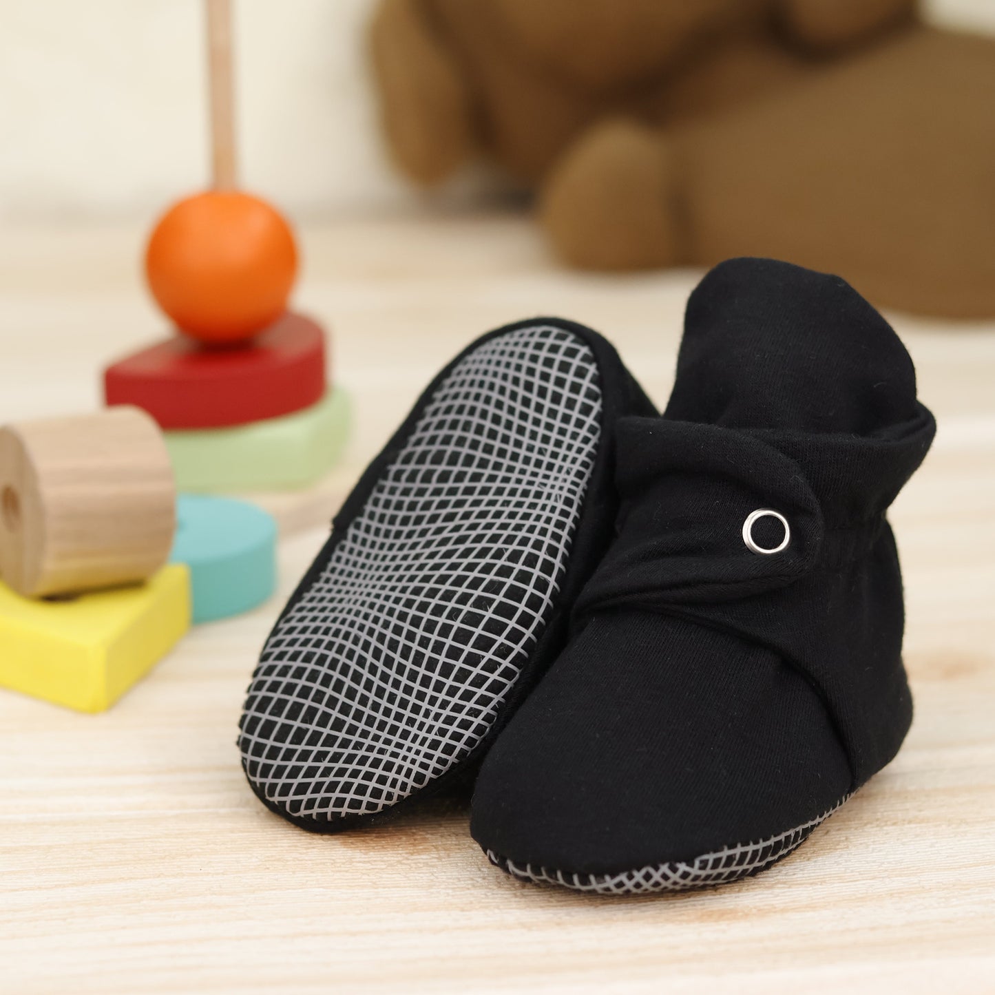 Organic Cotton Baby Booties, Non-Slip Sole, Cotton Newborn Booties Home Nursery Shoes, Black