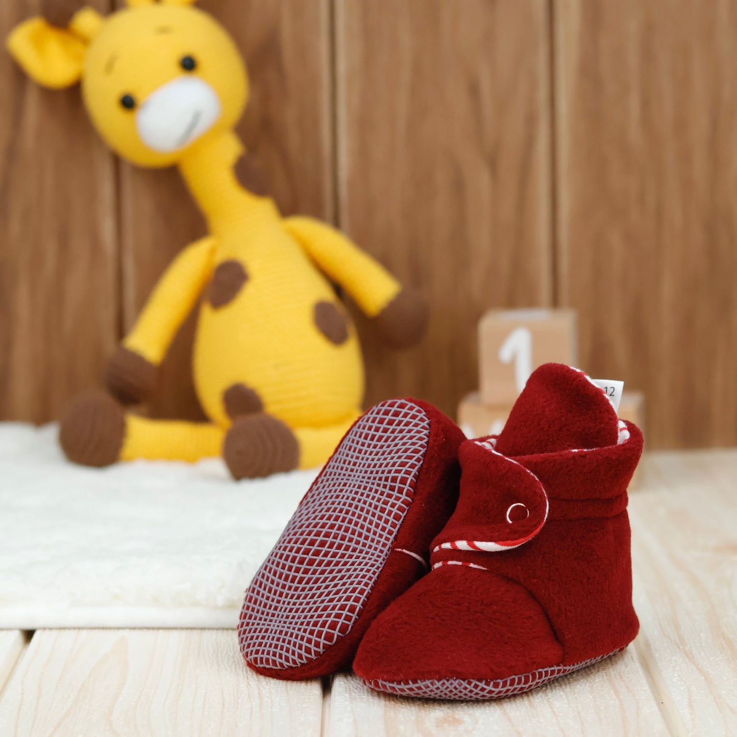 Anti-Slip Sole, Fleece Baby Booties, Newborn Home Booties, Sweat Proof Organic Cotton Lining, Burgundy