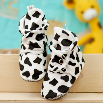 Organic Cotton Baby Booties, Non-Slip Sole, Cotton Newborn Booties Home Nursery Shoes, Cow Pattern