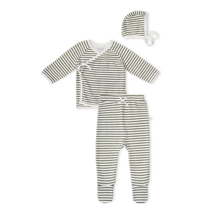 Organic Kimono Top & Footed Pants Set - Olive Stripes