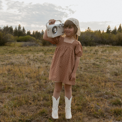 Organic Eyelet Bubble Sleeve Dress - Clay Eyelet