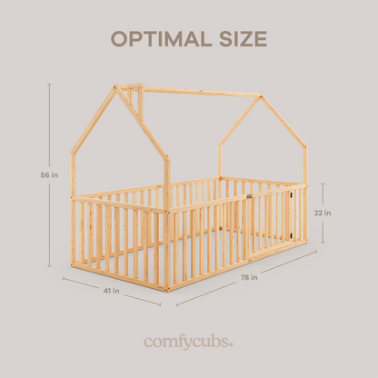 Kids House Gated Floor Bed Twin Size for Children Aged 5+, Natural Wood