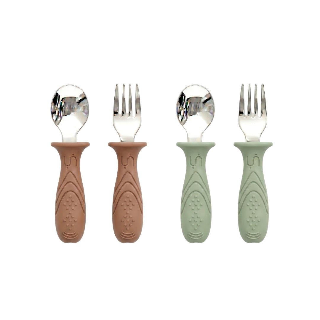 Stainless Steel Self Feeding Utensil Set of 4 (Mocha Mousse & Sage Green)