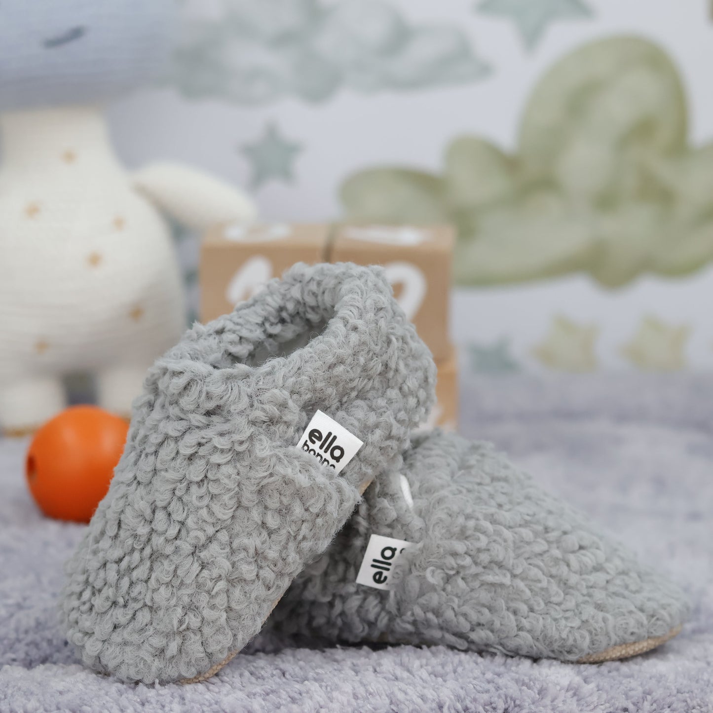 Tedy Baby Booties House Slippers, Non-Slip Sole, Organic Cotton Lining, Home Nursery Shoes Gray
