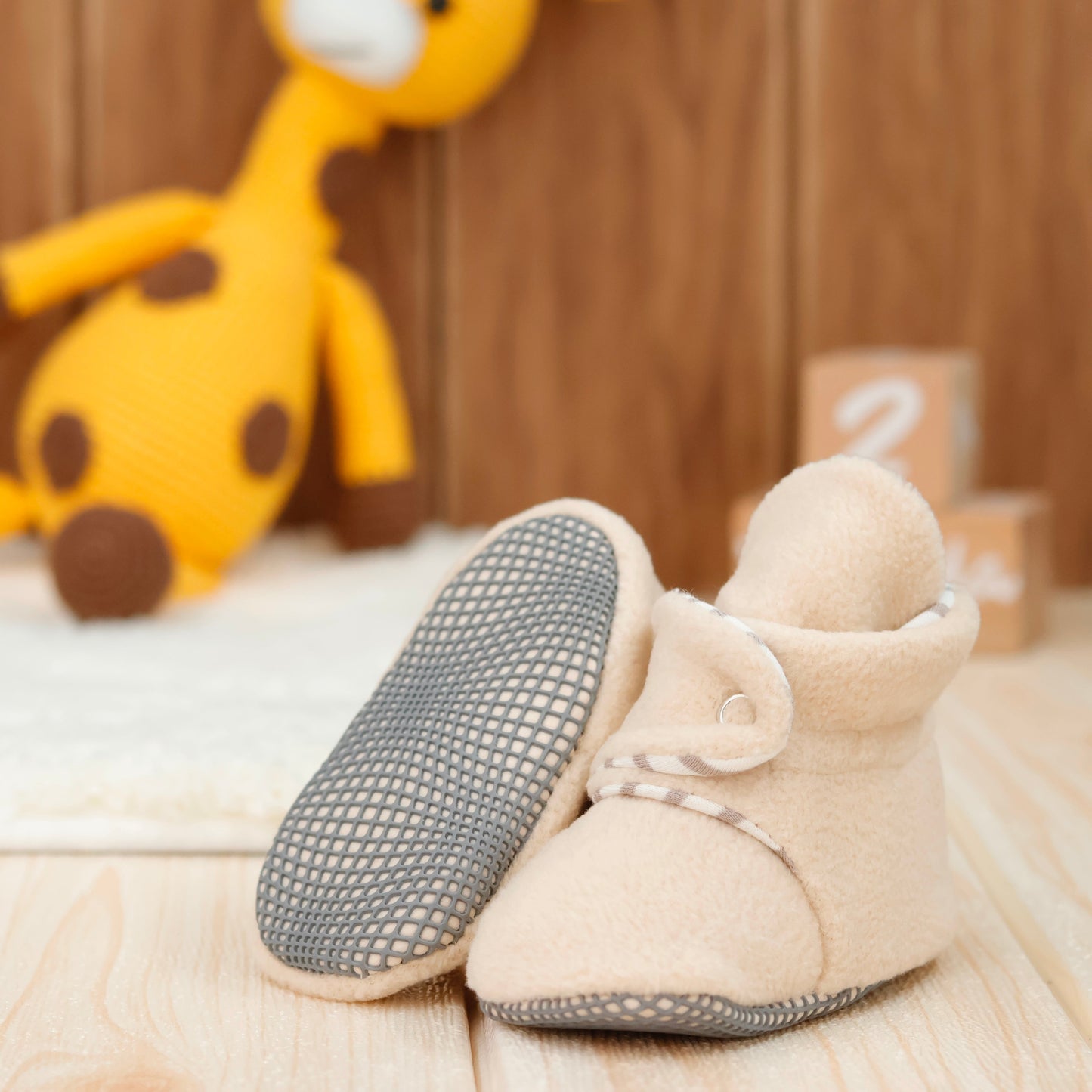Anti-Slip Sole, Fleece Baby Booties, Newborn Home Booties, Sweat Proof Organic Cotton Lining, Beige