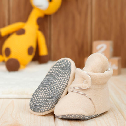Anti-Slip Sole, Fleece Baby Booties, Newborn Home Booties, Sweat Proof Organic Cotton Lining, Beige