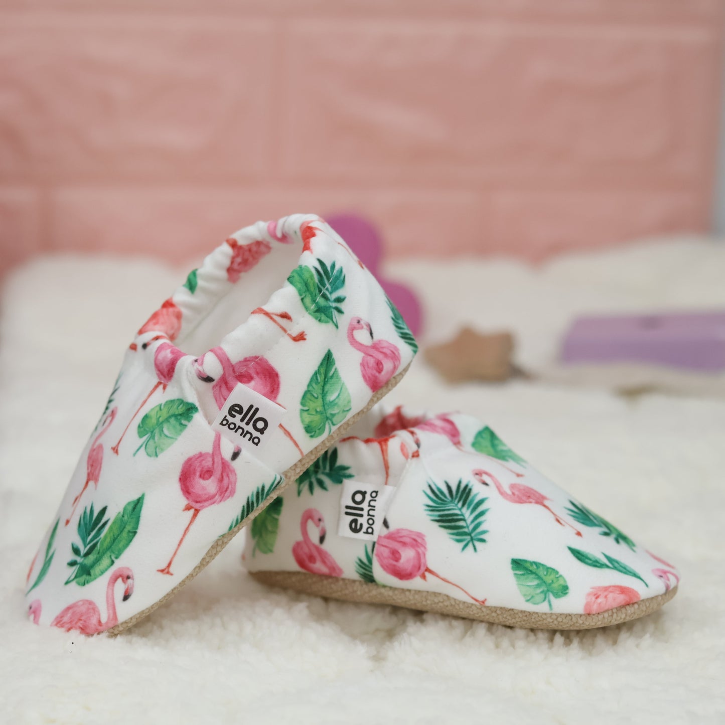 Ella Bonna Non-Slip Sole Flamingo Patterned Baby Booties, Home Boot Slippers Nursery Shoes