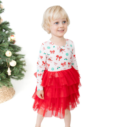 Bows & Candy Canes - Bamboo - Twirly Long Sleeve Tutu Dress and Cartwheel Short