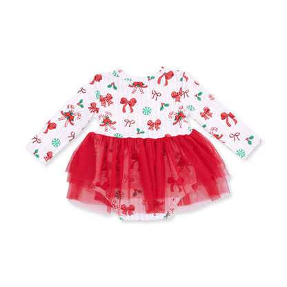 Bows & Candy Canes - Bamboo - Long Sleeve Tutu Bodysuit Dress