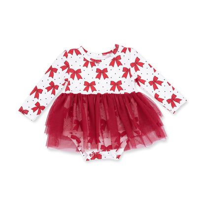 Festive Bows - Bamboo - Long Sleeve Tutu Bodysuit Dress
