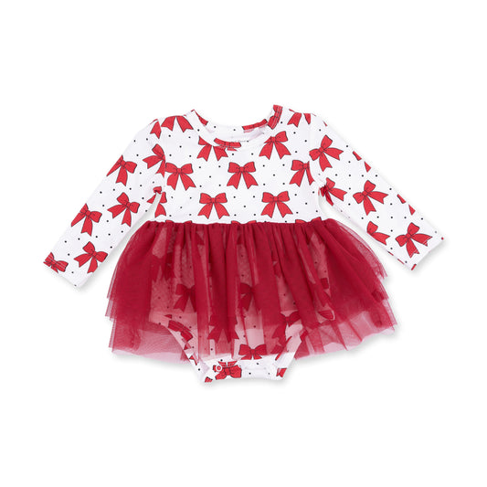 Festive Bows - Bamboo - Long Sleeve Tutu Bodysuit Dress
