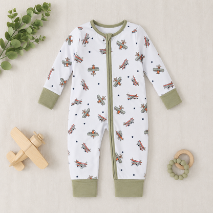 Vintage Airplane Bamboo Zipper Romper